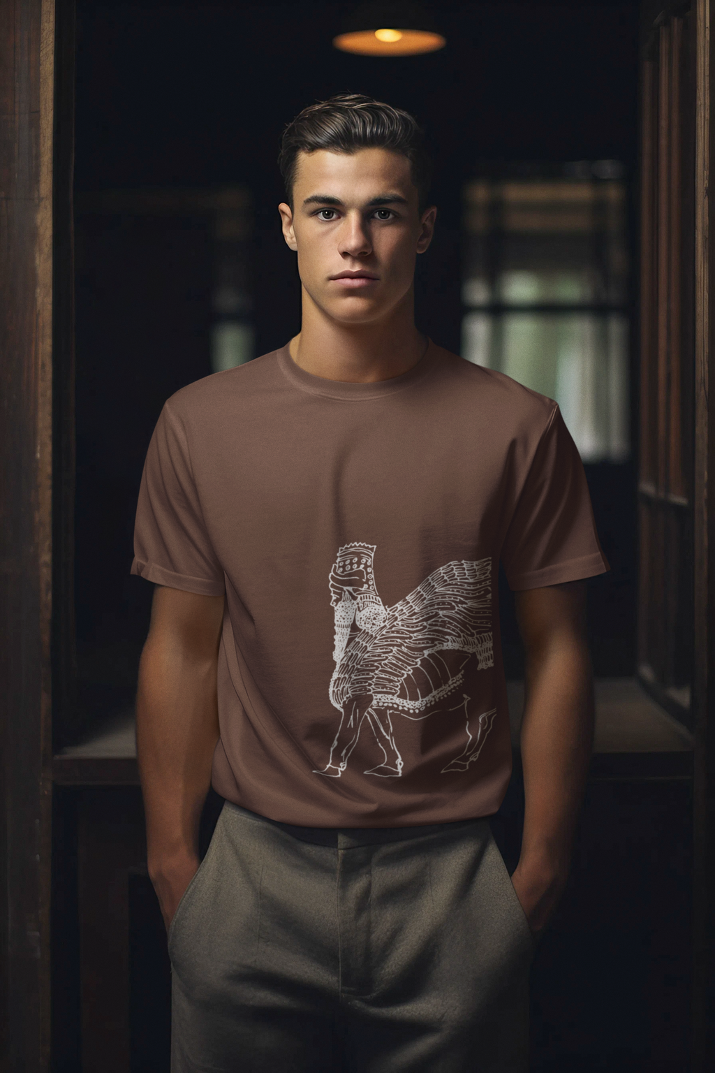 Man wearing a brown t-shirt with a graphic of the Assyrian Winged Bull in a dimly lit room