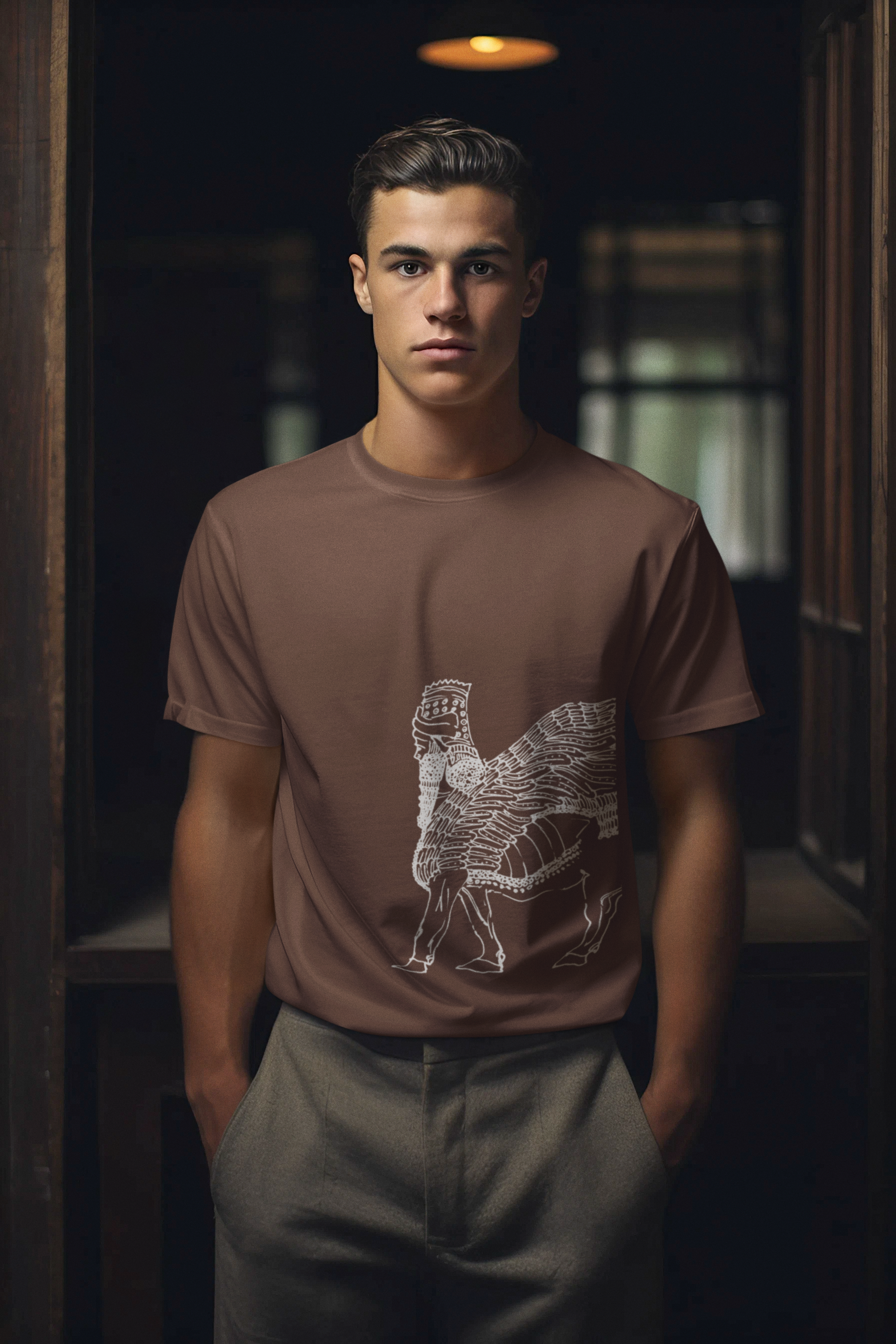 Man wearing a brown t-shirt with a graphic of the Assyrian Winged Bull in a dimly lit room